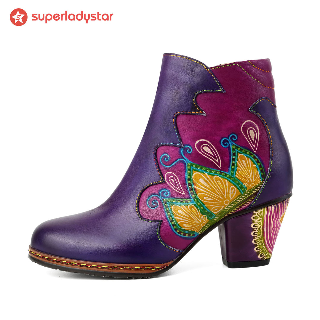 Retro Pattern Leather Zipper Ankle Boots