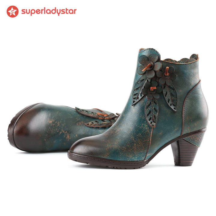 Retro Handmade Floral Leather Solid Color Ankle Boots