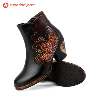 Retro Pattern Leather Zipper Ankle Boots