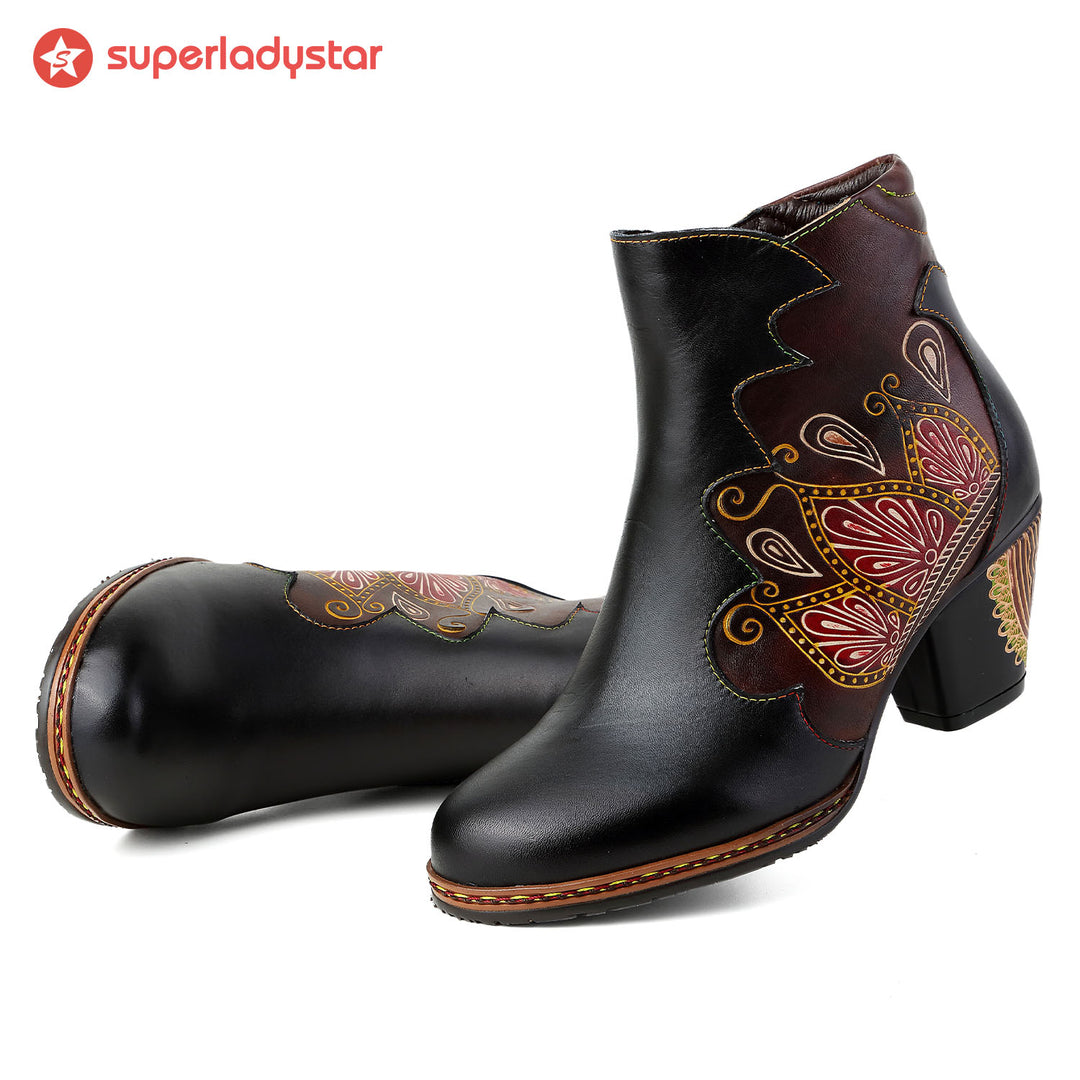 Retro Pattern Leather Zipper Ankle Boots