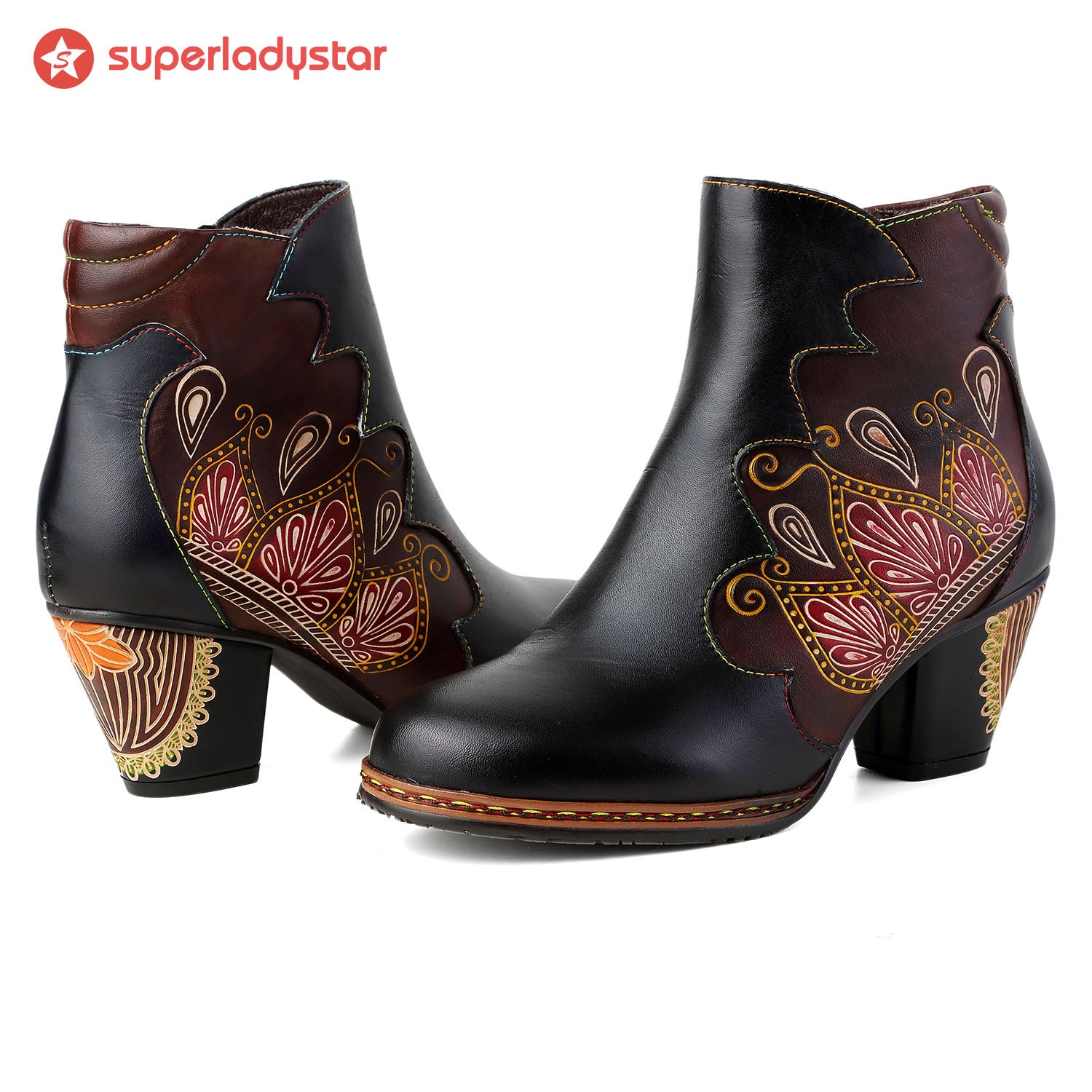 Retro Pattern Leather Zipper Ankle Boots