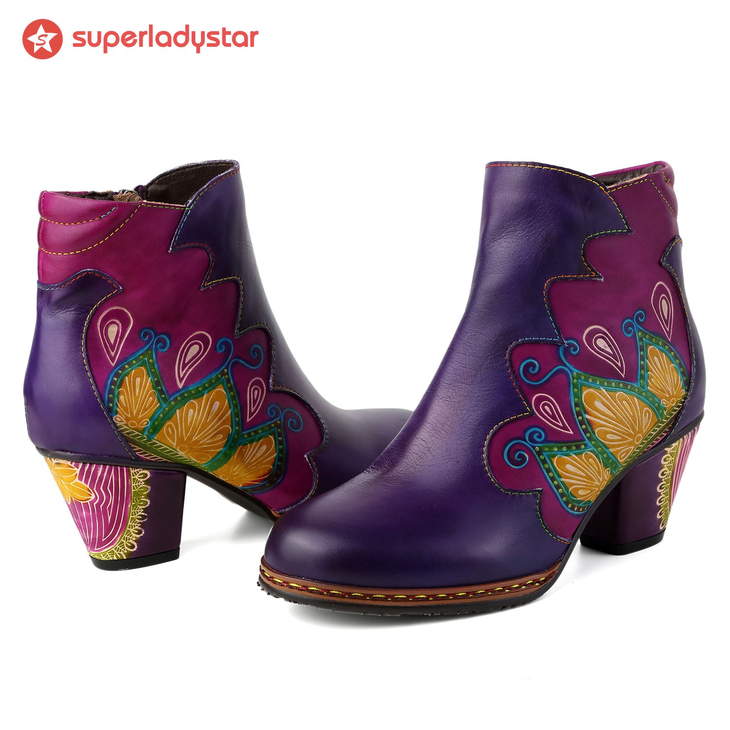 Retro Pattern Leather Zipper Ankle Boots