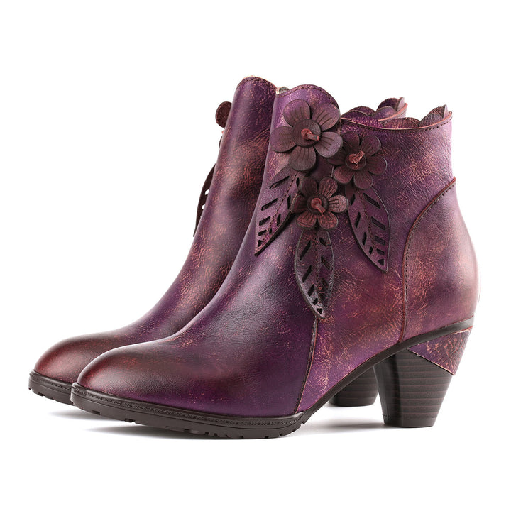 Retro Handmade Floral Leather Solid Color Ankle Boots