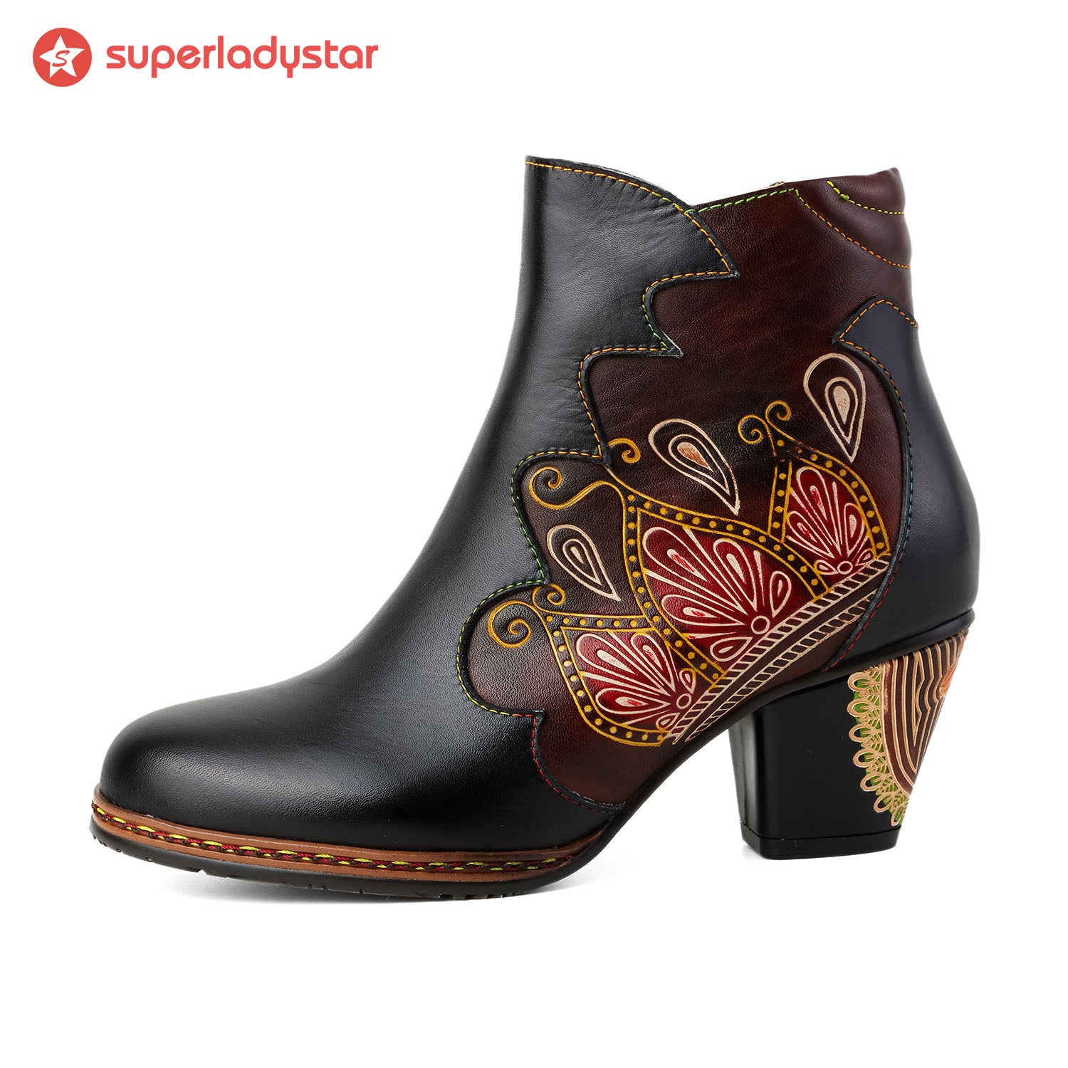 Retro Pattern Leather Zipper Ankle Boots