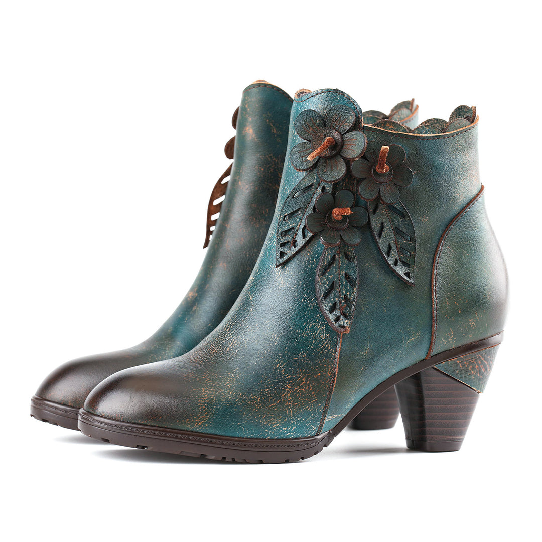 Retro Handmade Floral Leather Solid Color Ankle Boots