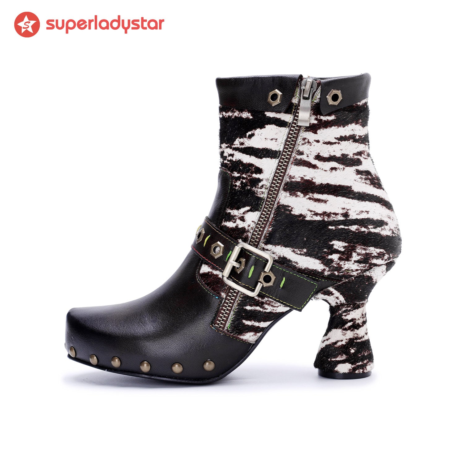 Retro Handmade Zebra Pattern Buckle Ankle Boots