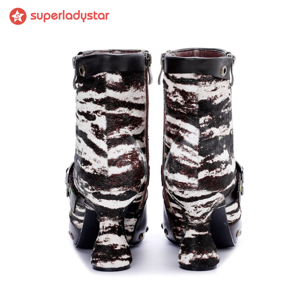 Retro Handmade Zebra Pattern Buckle Ankle Boots