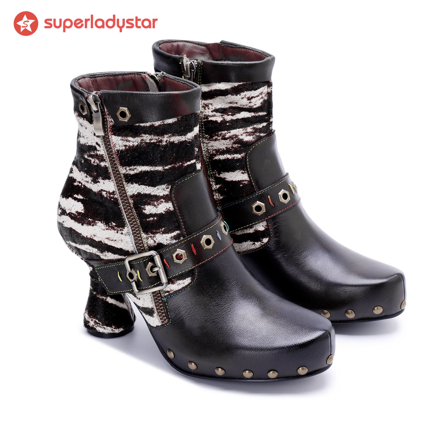 Retro Handmade Zebra Pattern Buckle Ankle Boots