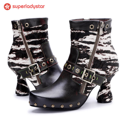 Retro Handmade Zebra Pattern Buckle Ankle Boots