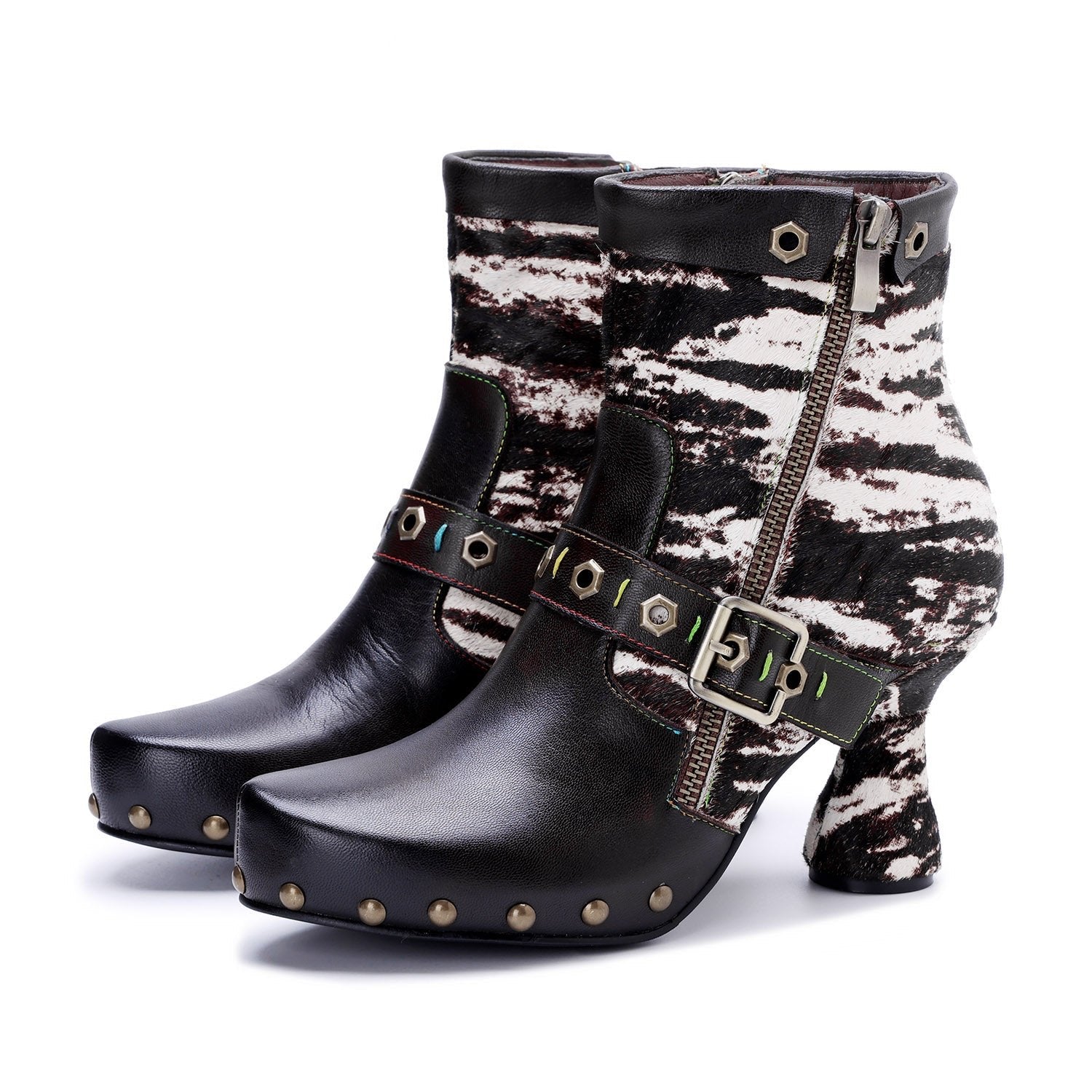 Retro Handmade Zebra Pattern Buckle Ankle Boots