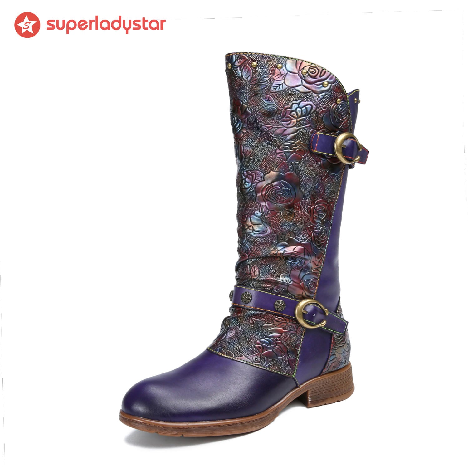 Retro bemalten Schnalle flache hohe Stiefel