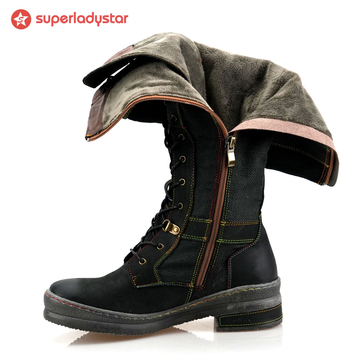 Retro handgefertigte Mocha flache hohe Stiefel