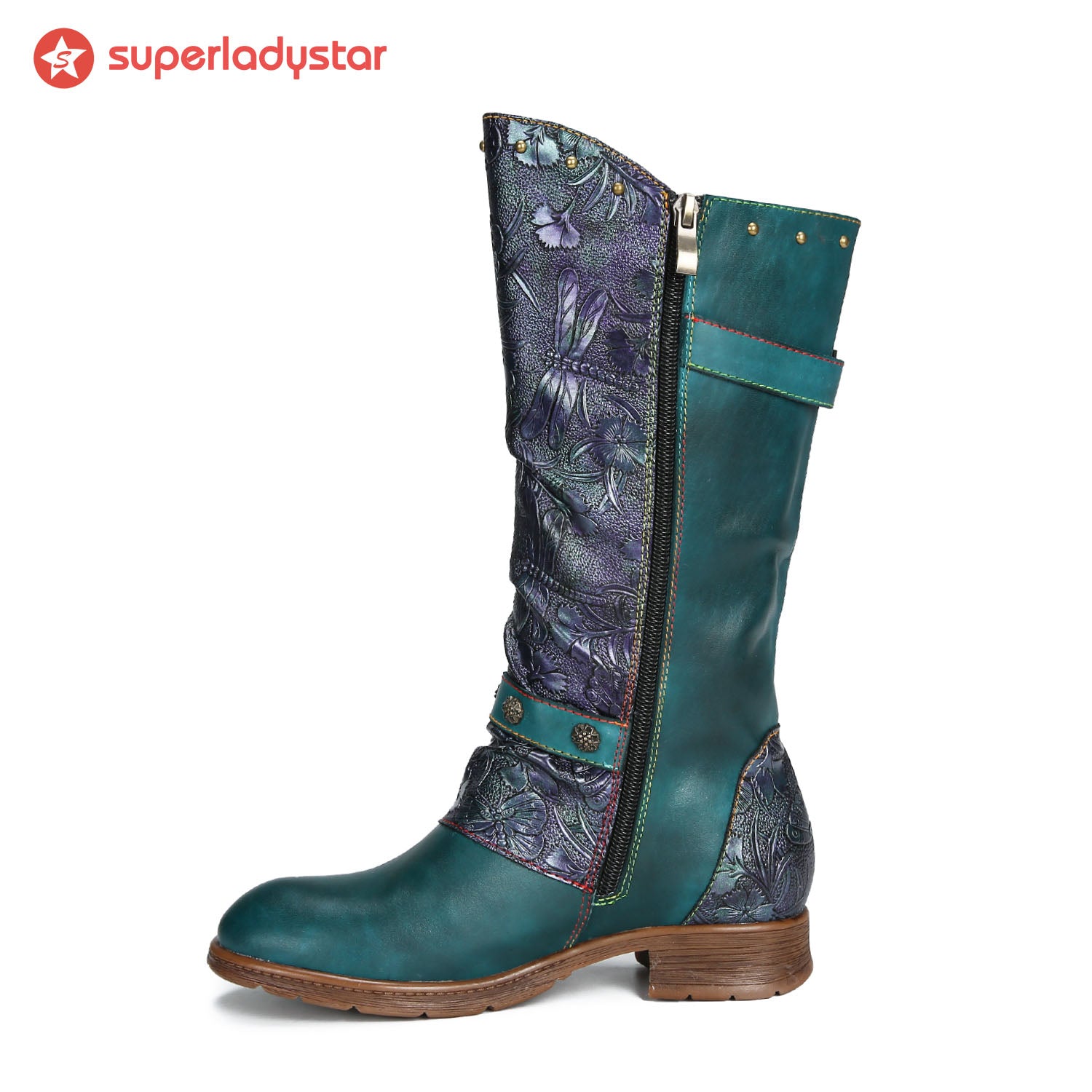 Retro bemalten Schnalle flache hohe Stiefel