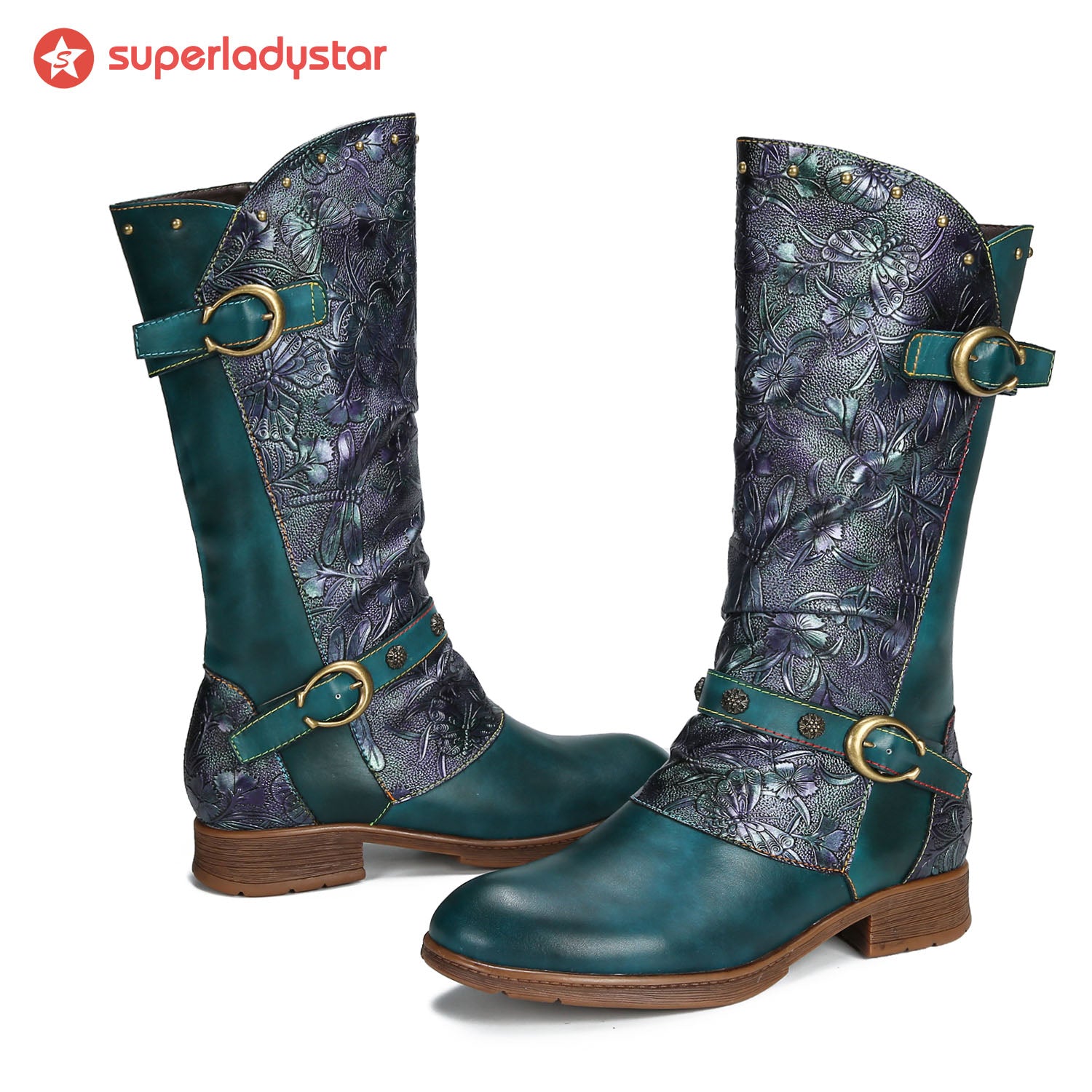 Retro bemalten Schnalle flache hohe Stiefel