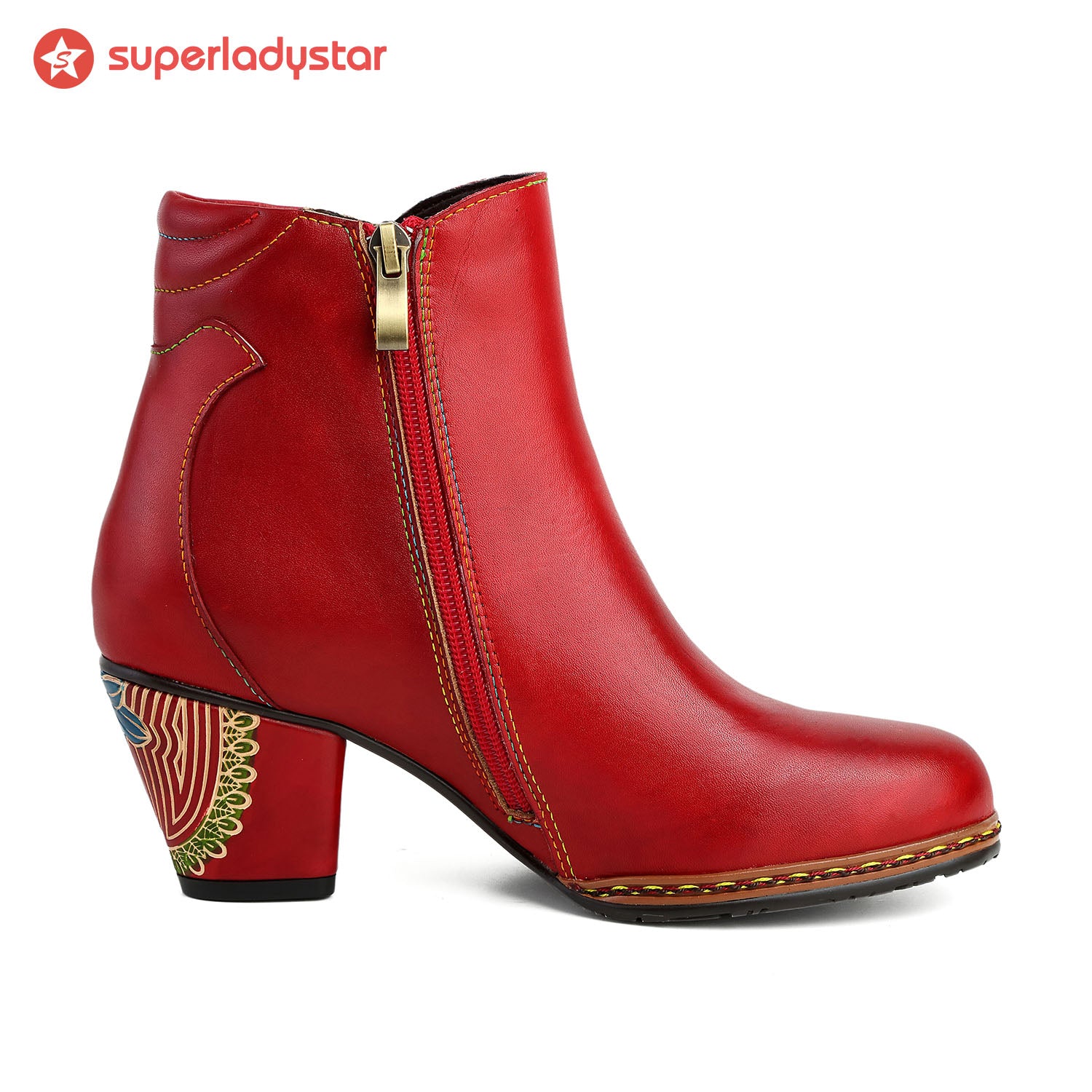 Retro Pattern Leather Zipper Ankle Boots