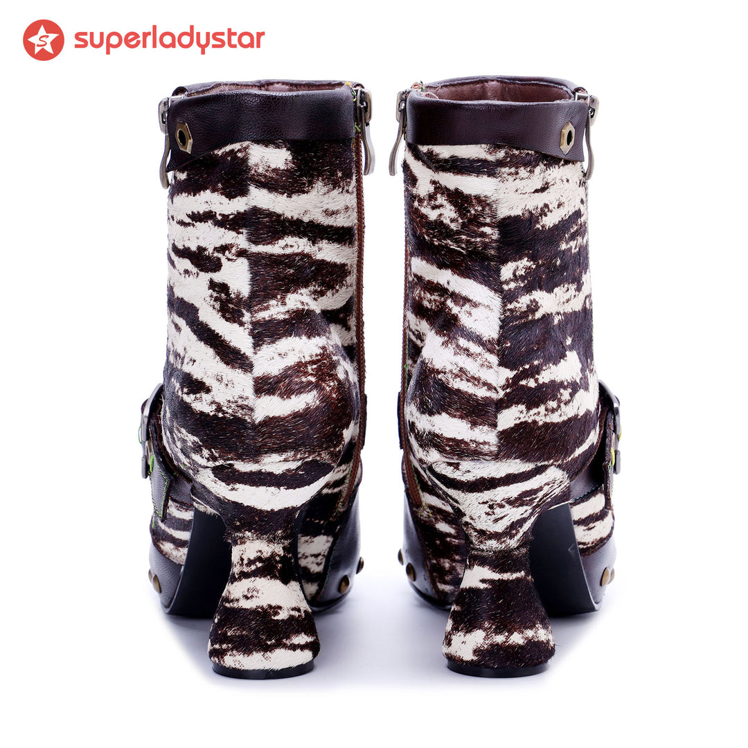 Retro Handmade Fur & leather patchwork Buckle Ankle Boots