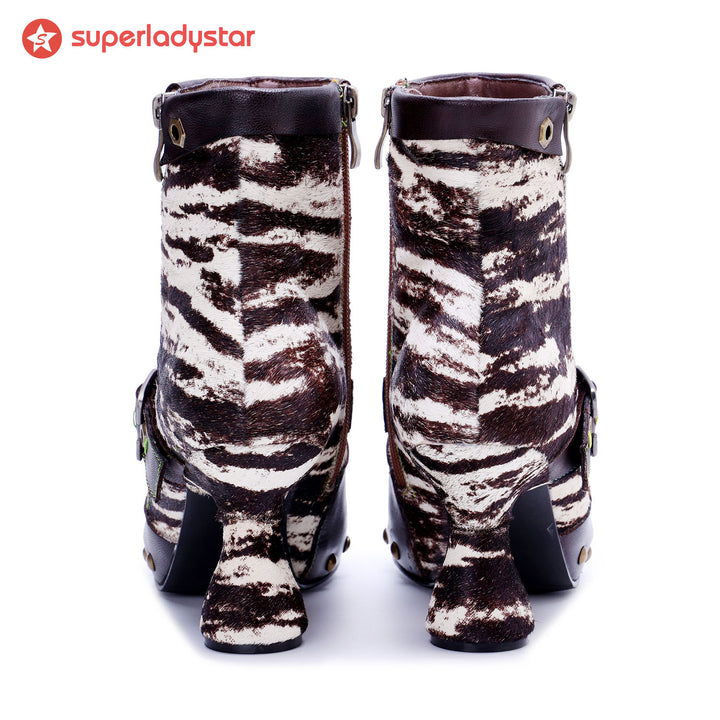 Retro Handmade Fur & leather patchwork Buckle Ankle Boots