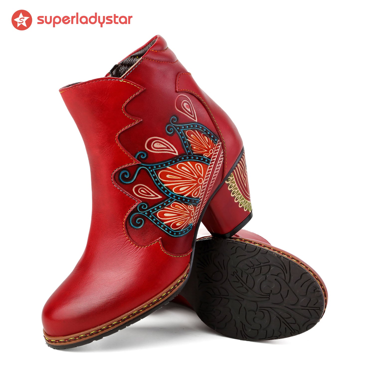 Retro Pattern Leather Zipper Ankle Boots