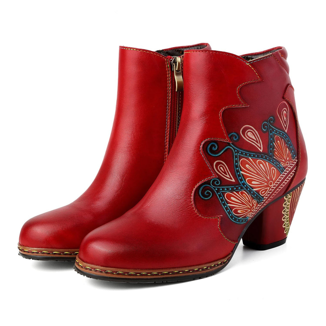 Retro Pattern Leather Zipper Ankle Boots