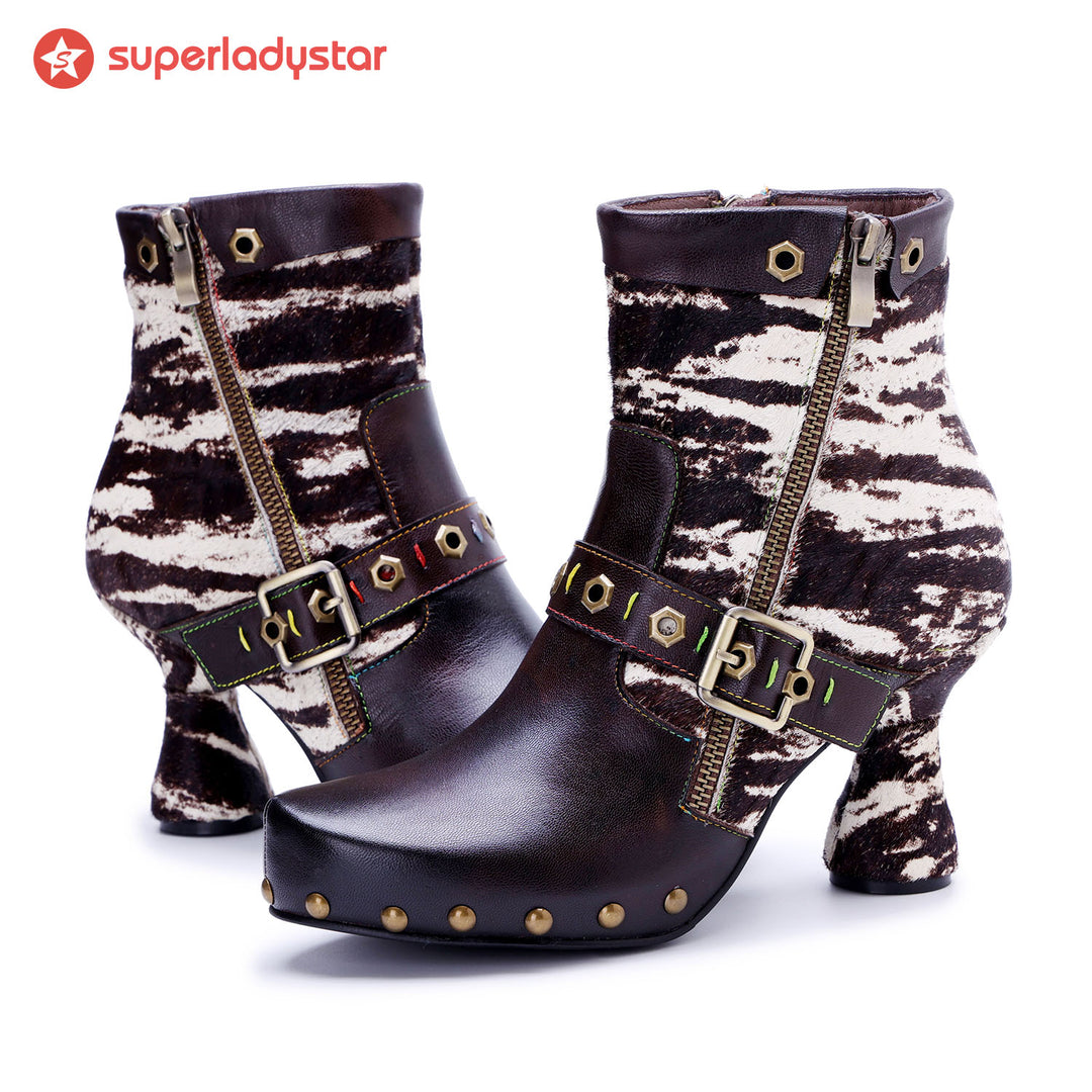 Retro Handmade Fur & leather patchwork Buckle Ankle Boots
