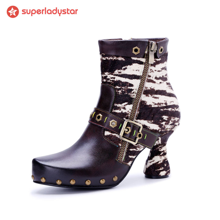 Retro Handmade Fur & leather patchwork Buckle Ankle Boots