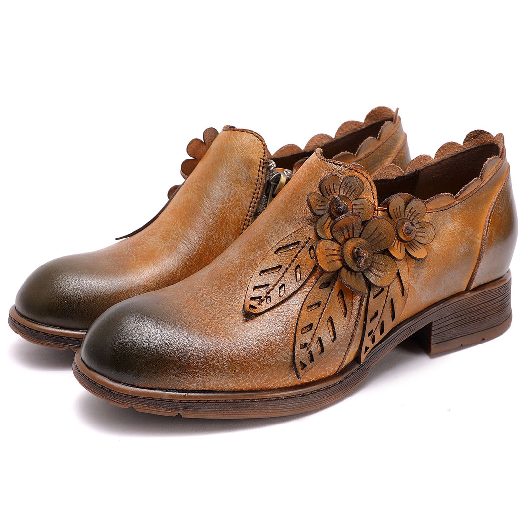 Retro Handmade Floral Leather Flat Boots
