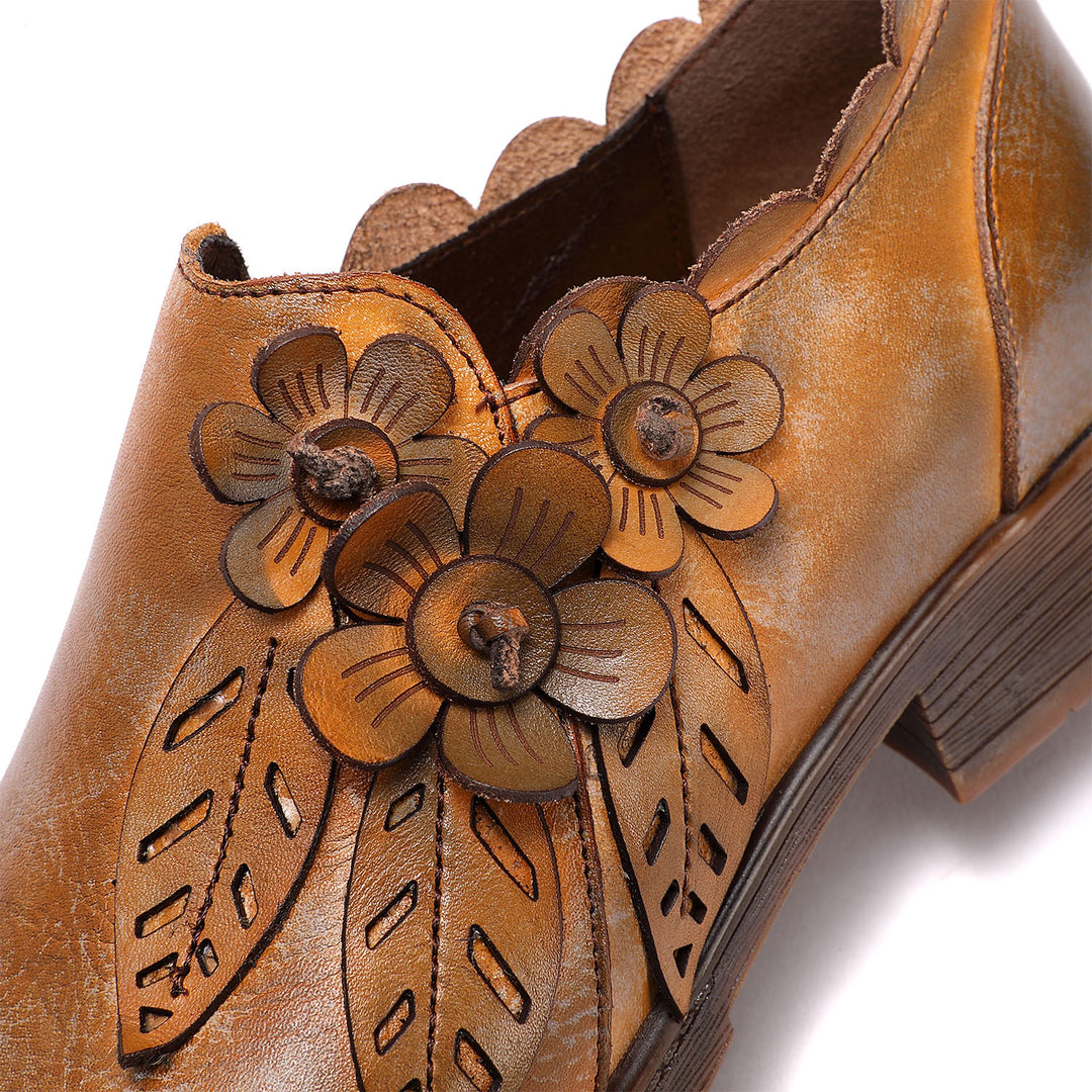 Retro Handmade Floral Leather Flat Boots