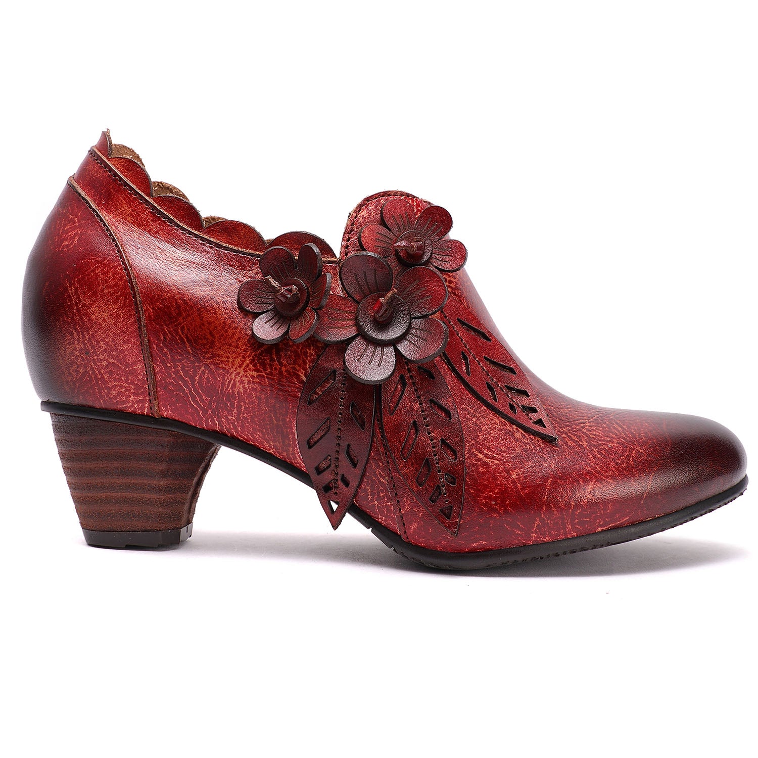 Women Vintage Flower Genuine Leather Low Heel Shoes