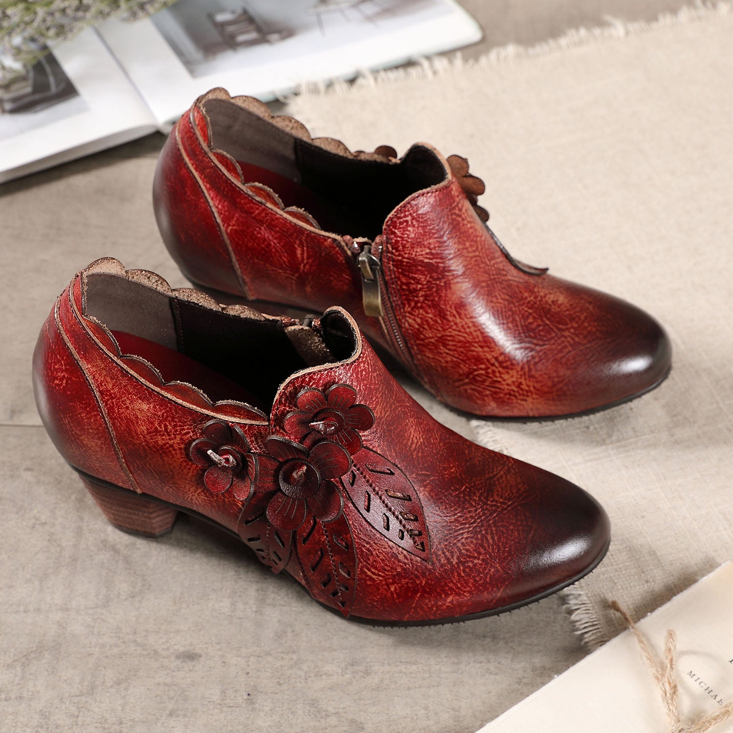 Retro Handmade Floral Leather Low-Heel Pumps â superladystar