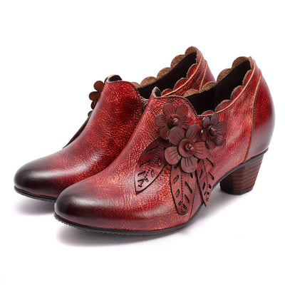 Retro Handmade Floral Leather Low-Heel Pumps â superladystar