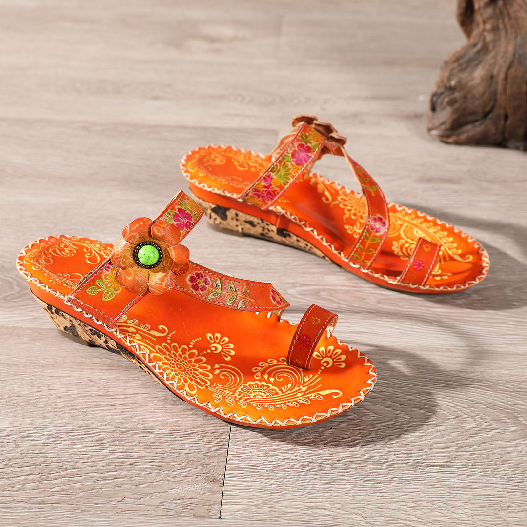 Floral Embossing Stitching Leather Sandals (3 colors)