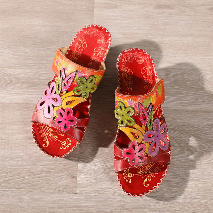 Embossed Genuine Leather Adjustable Sandals