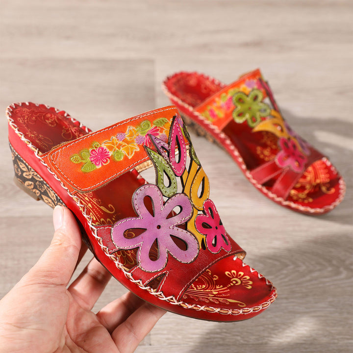 Embossed Genuine Leather Adjustable Sandals