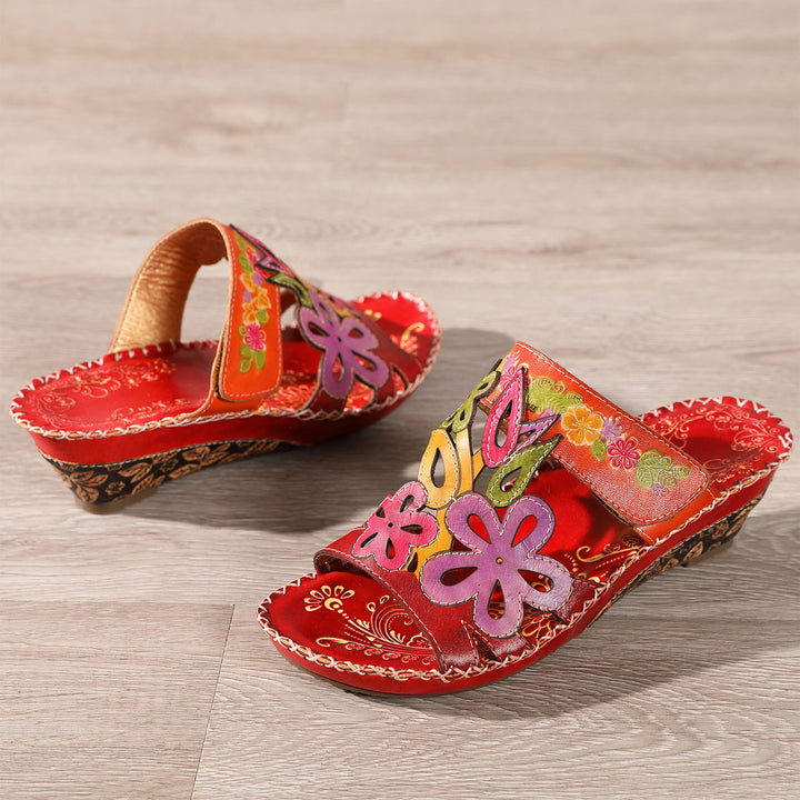 Embossed Genuine Leather Adjustable Sandals