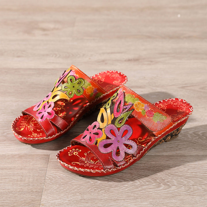 Embossed Genuine Leather Adjustable Sandals