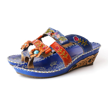 Sandalias de cuña de tacón de costura de cuero bohemia