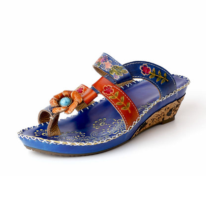 Sandalias de cuña de tacón de costura de cuero bohemia