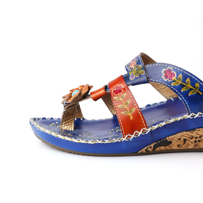 Sandalias de cuña de tacón de costura de cuero bohemia