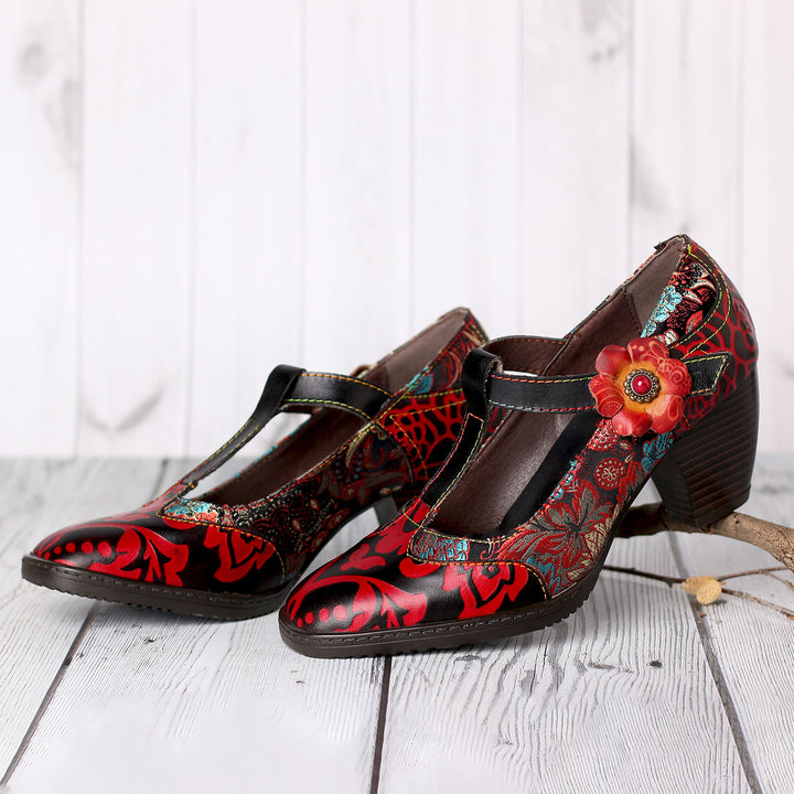 Retro Embroidered Leather High Heels