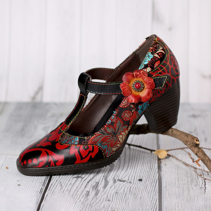 Retro Embroidered Leather High Heels