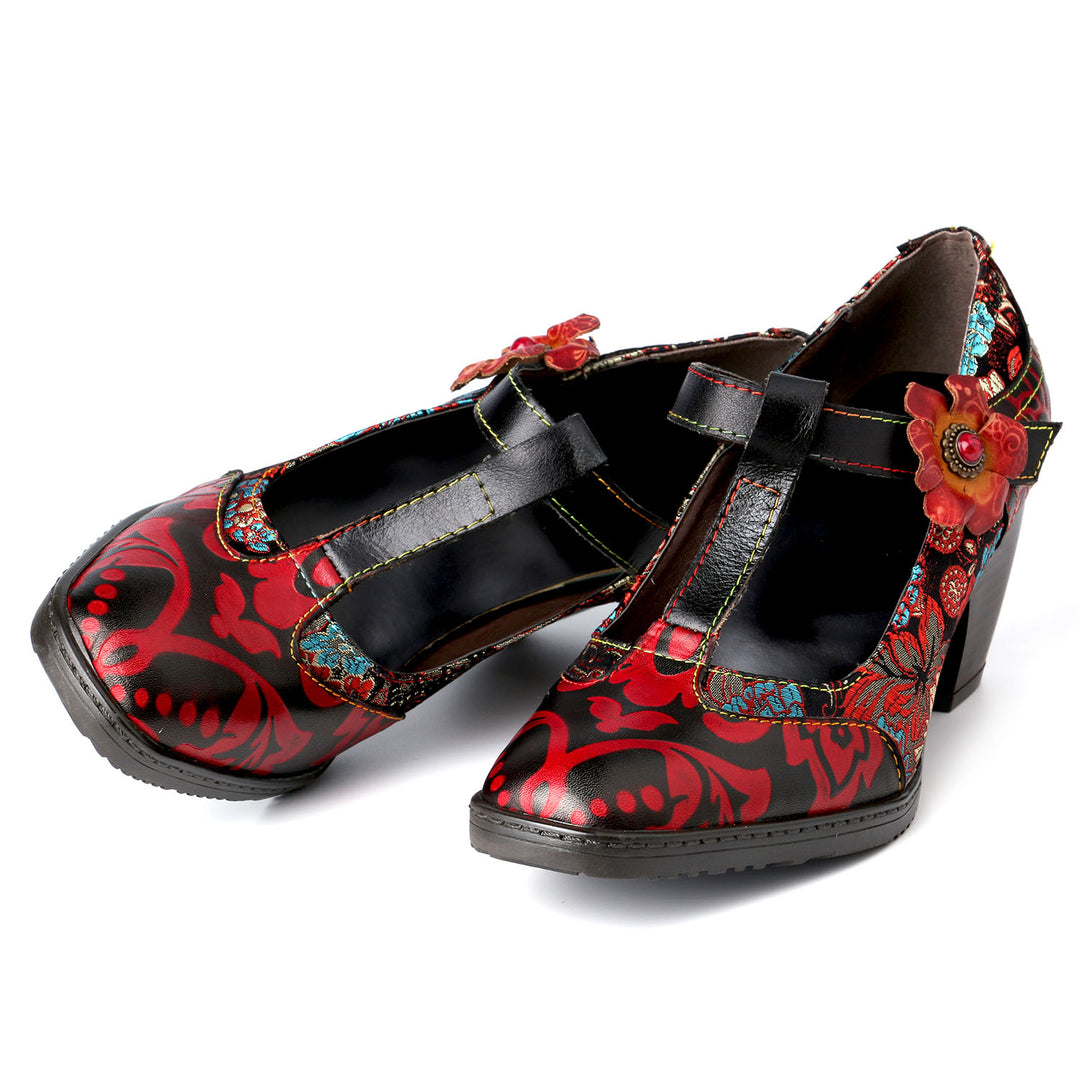Retro Embroidered Leather High Heels