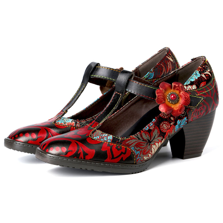 Retro Embroidered Leather High Heels