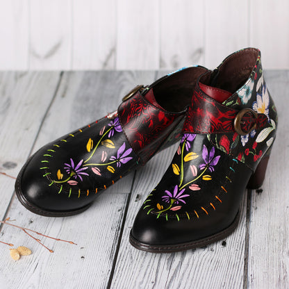 Handmade Painted Flower Genuine Leather Elegant Ankle Boots