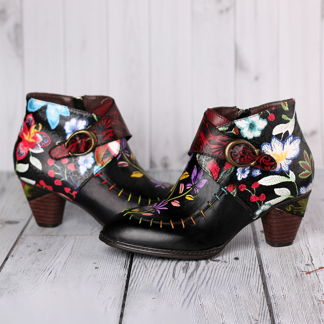 Handmade Painted Flower Genuine Leather Elegant Ankle Boots