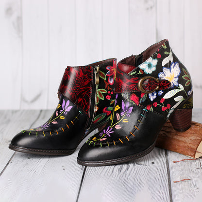 Handmade Painted Flower Genuine Leather Elegant Ankle Boots