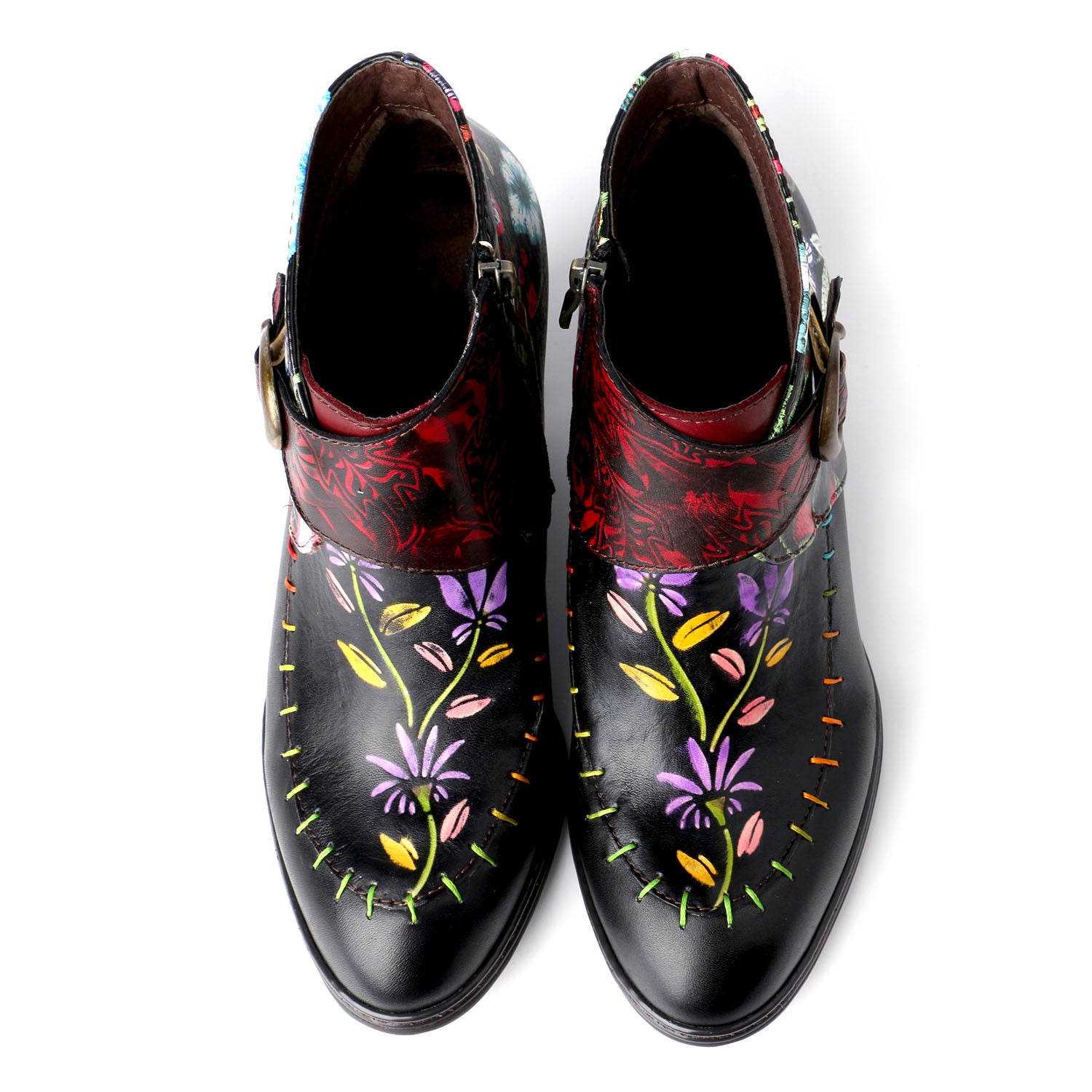 Handmade Painted Flower Genuine Leather Elegant Ankle Boots