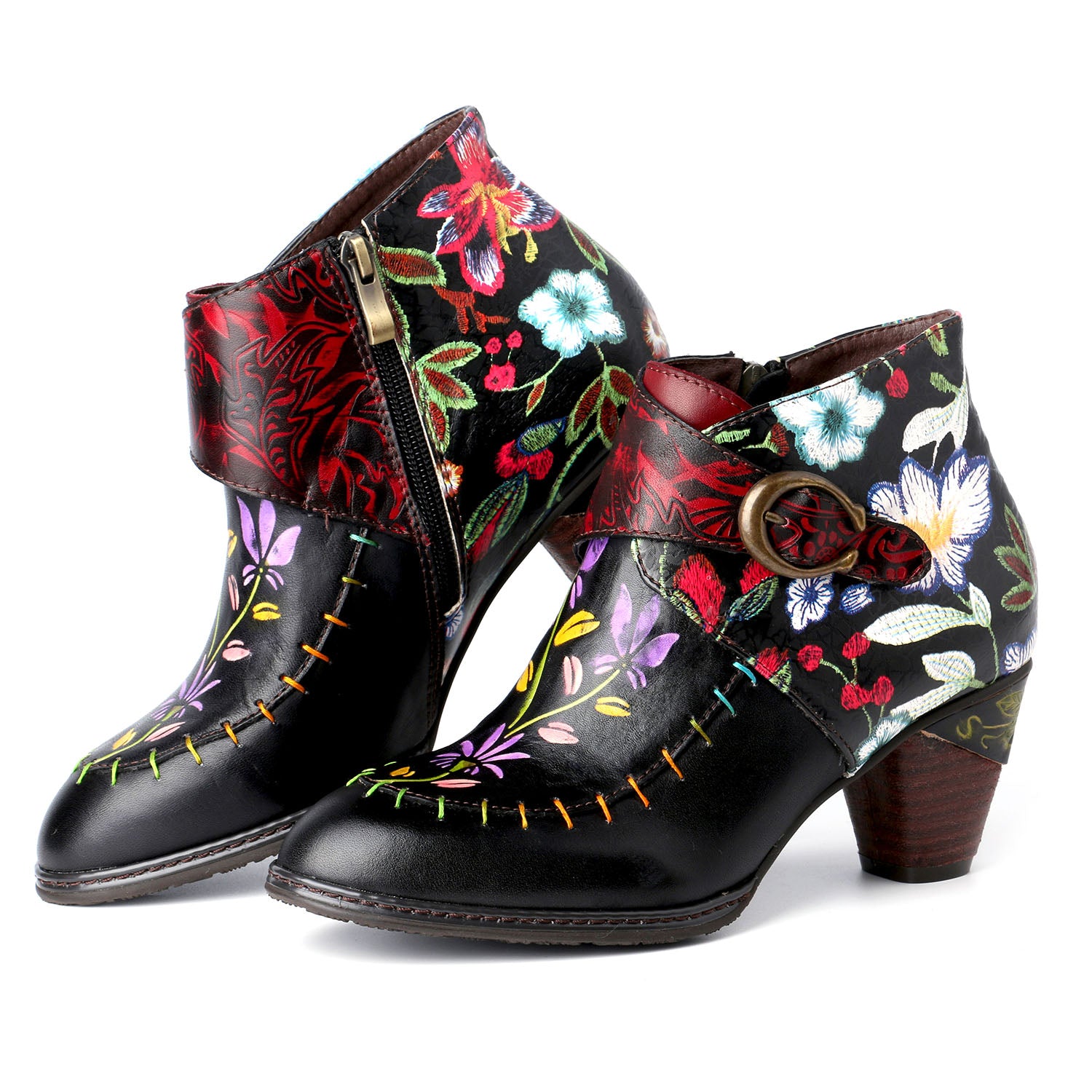 Handmade Painted Flower Genuine Leather Elegant Ankle Boots