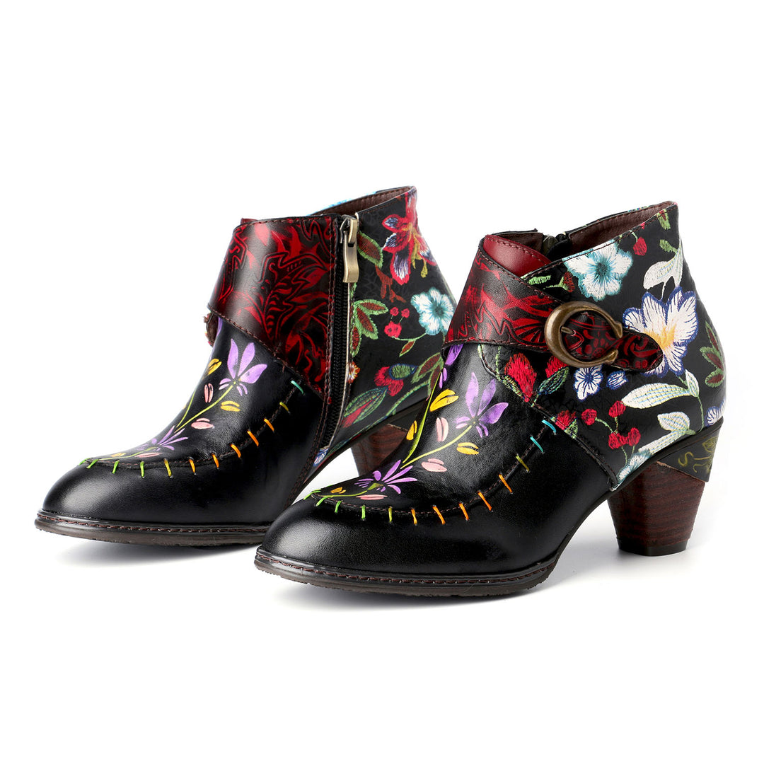 Handmade Painted Flower Genuine Leather Elegant Ankle Boots