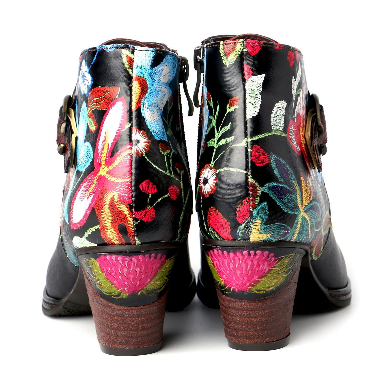 Handmade Painted Flower Genuine Leather Elegant Ankle Boots