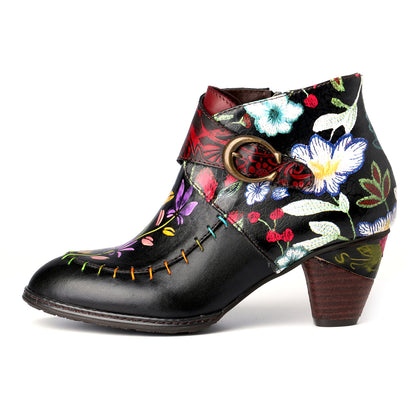 Handmade Painted Flower Genuine Leather Elegant Ankle Boots